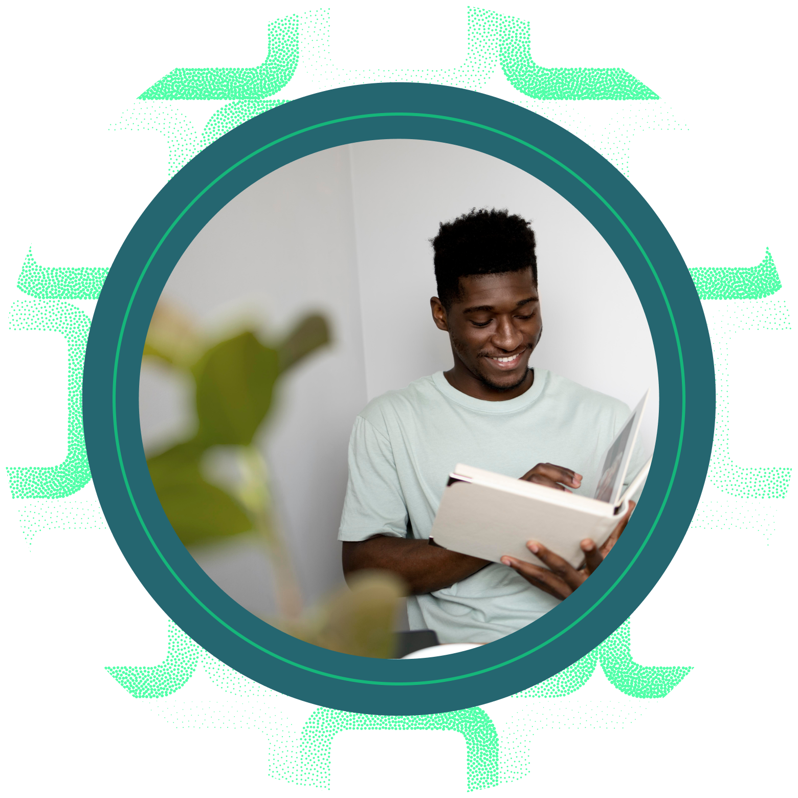 Student reading with gear pattern background